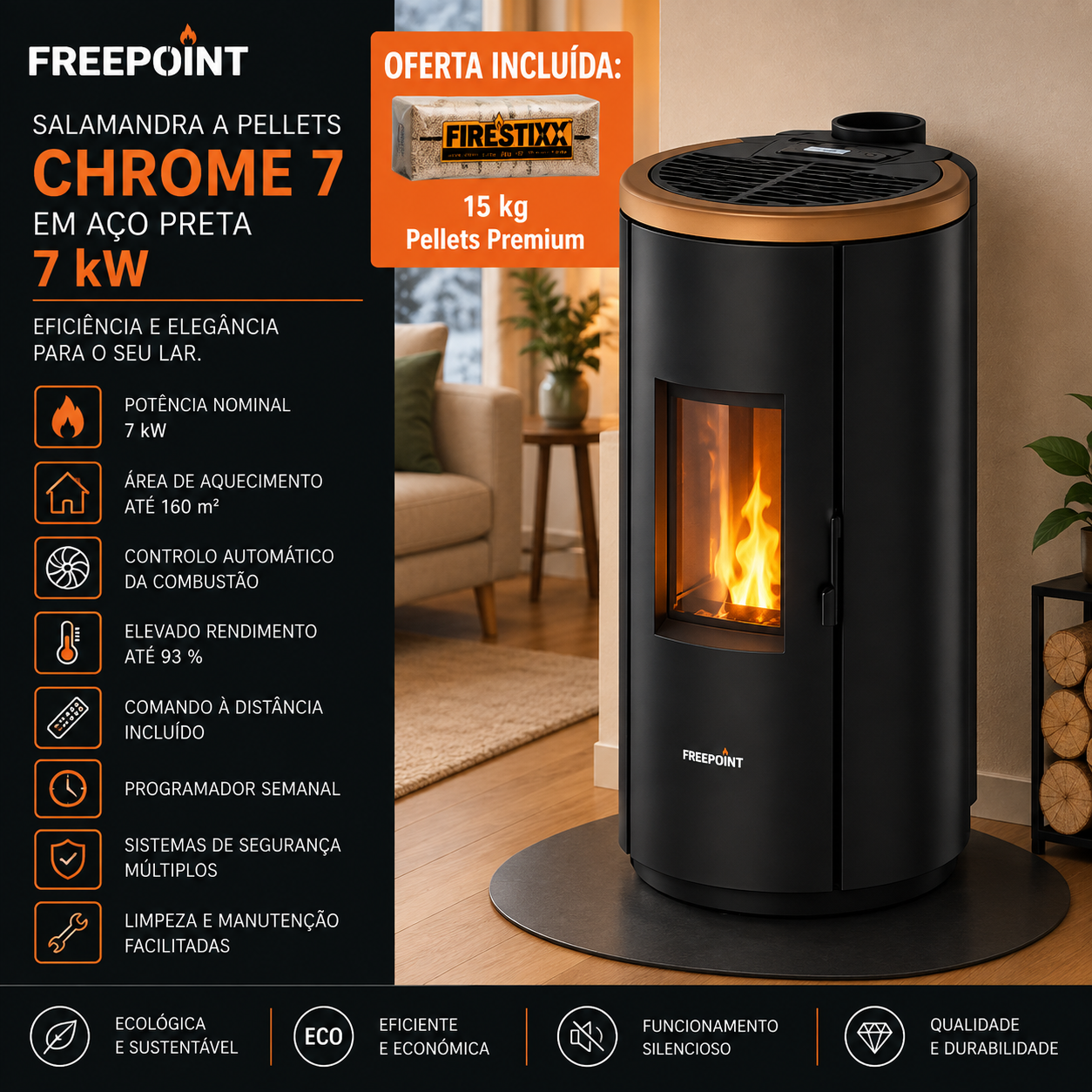 Freepoint Chrome 7 salamandra a pellets em aço preta 7 kW