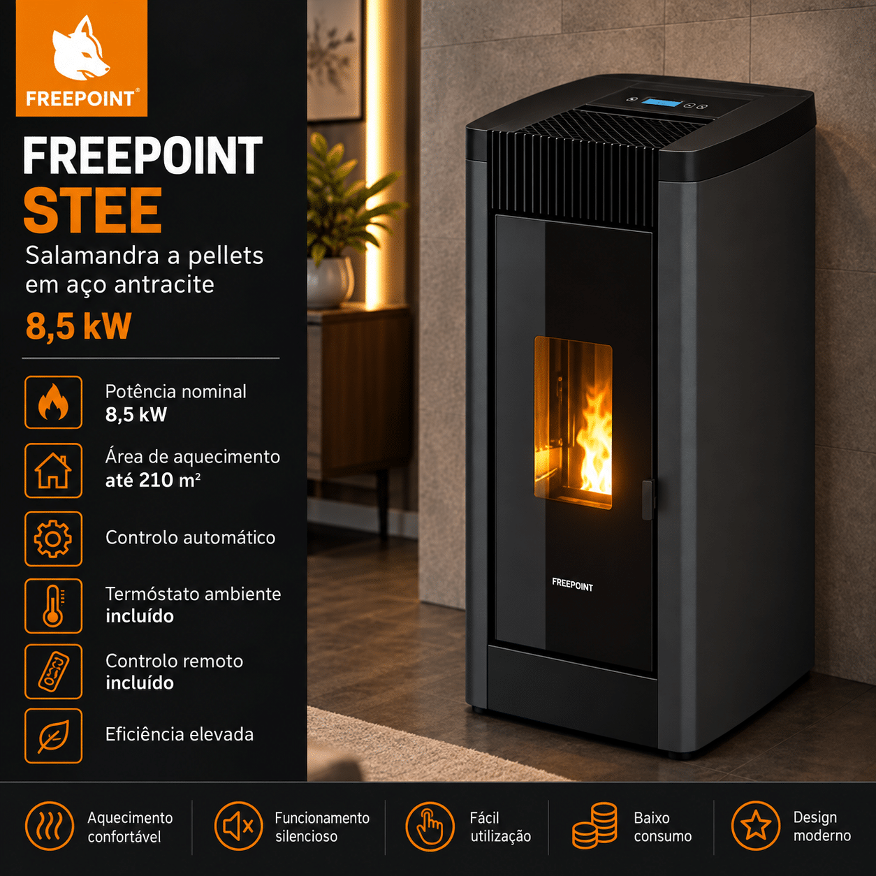 Freepoint STEE salamandra a pellets em aço antracite 8,5 kW