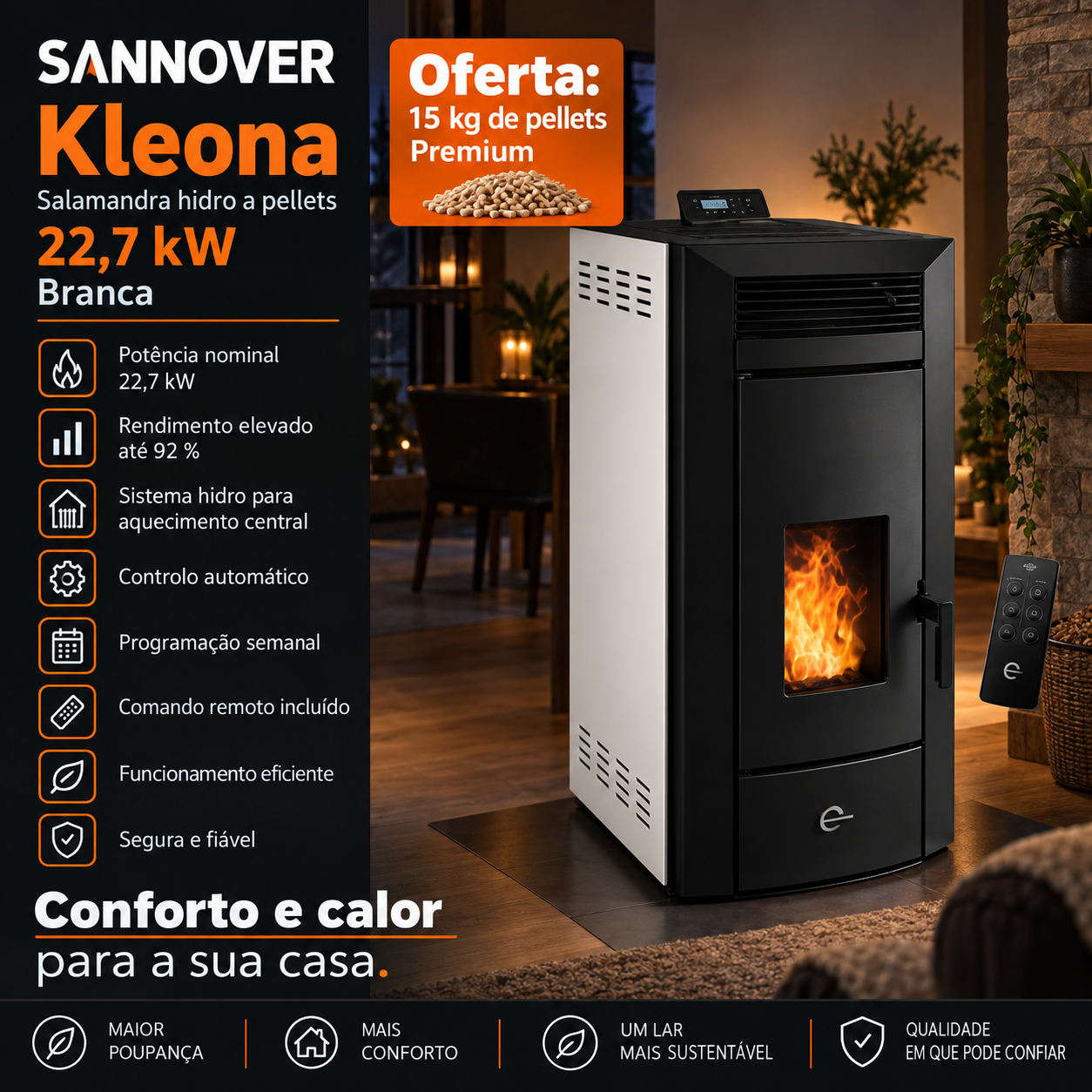 Sannover Kleona salamandra hidro a pellets 22,7 kW branca