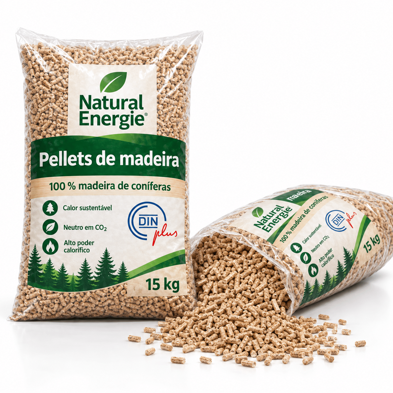 Natural Energie pellets de madeira – 70 sacos de 15 kg – palete 1.050 kg – 100 % madeira de coníferas – DINplus