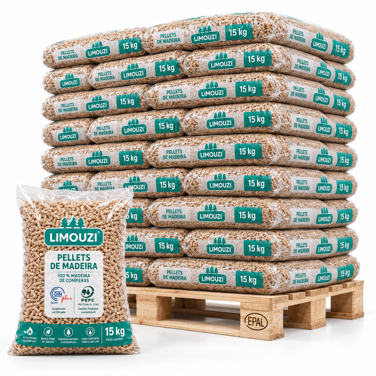 Limouzi pellets de madeira – 66 sacos de 15 kg – palete 990 kg – 100 % madeira de coníferas – DINplus & PEFC
