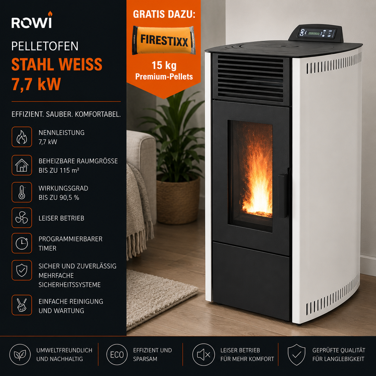 Rowi salamandra a pellets em aço branca 7,7 kW