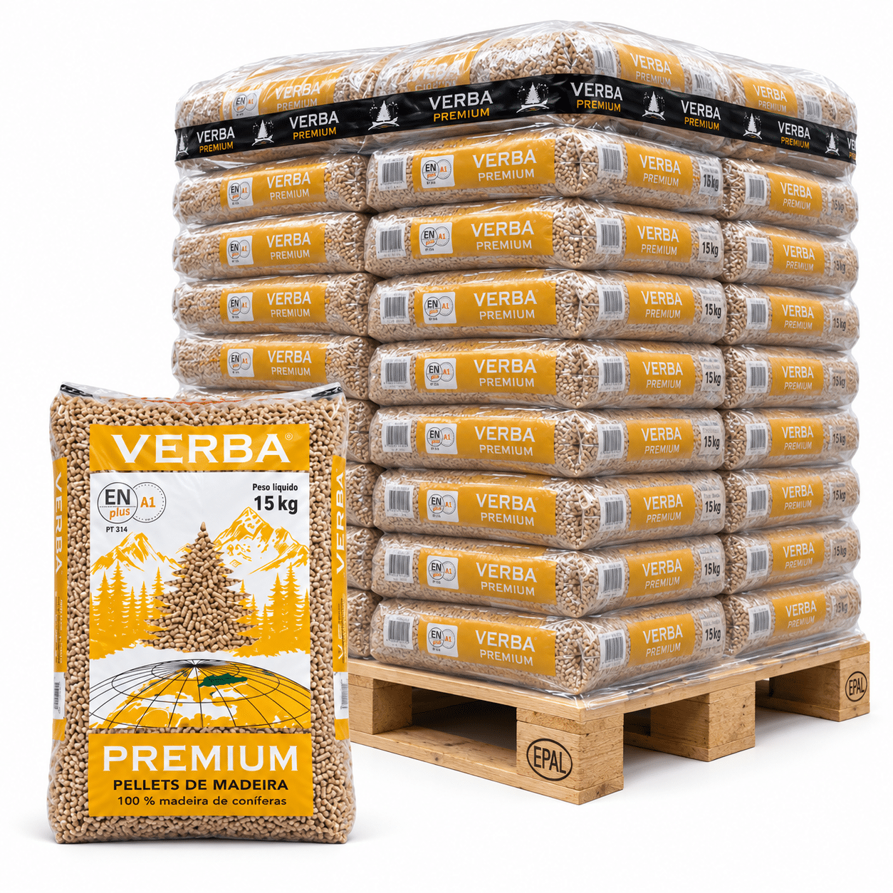 Verba Premium pellets de madeira – 70 sacos de 15 kg – palete 1.050 kg – 100 % madeira de coníferas – ENplus A1