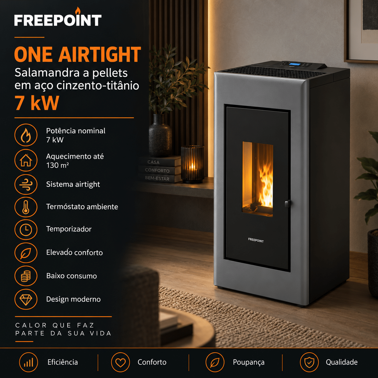 Freepoint One Airtight salamandra a pellets em aço cinzento-titânio 7 kW