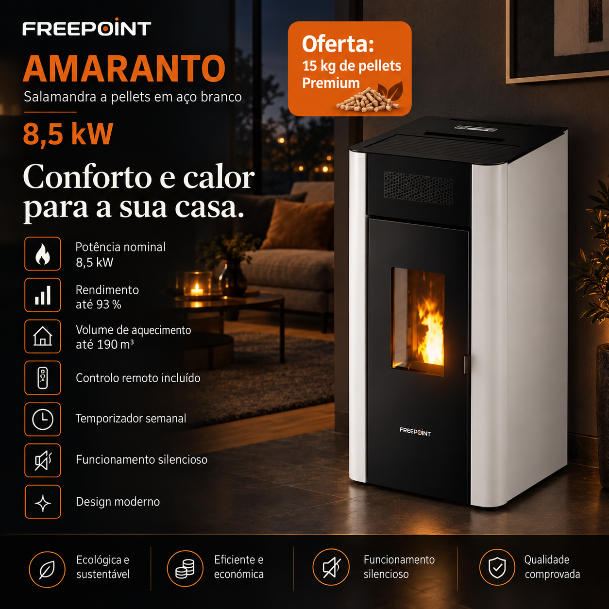 Freepoint Amaranto salamandra a pellets em aço branca 8,5 kW