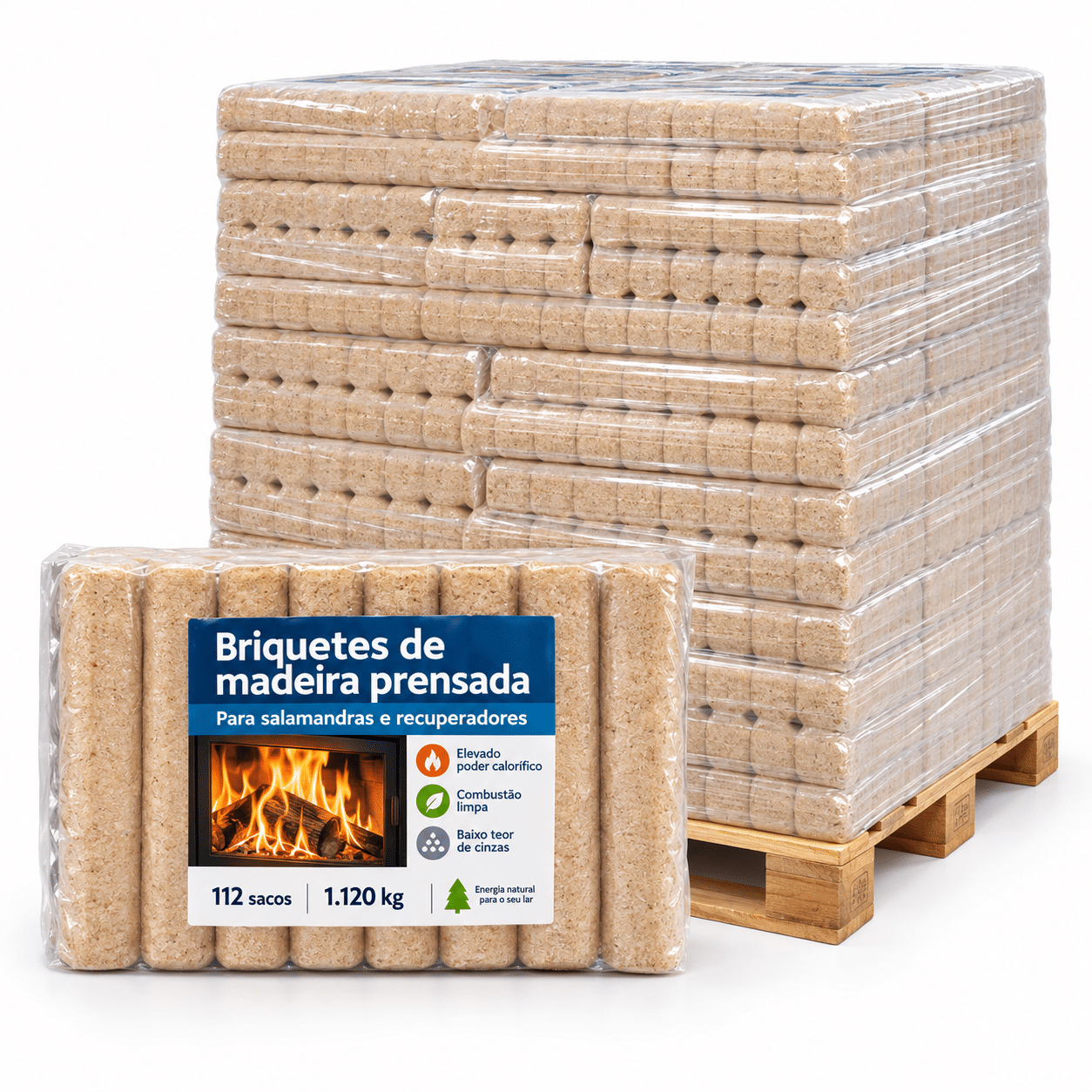 Briquetes de madeira prensada – 112 sacos (1.120 kg) – para salamandras e recuperadores