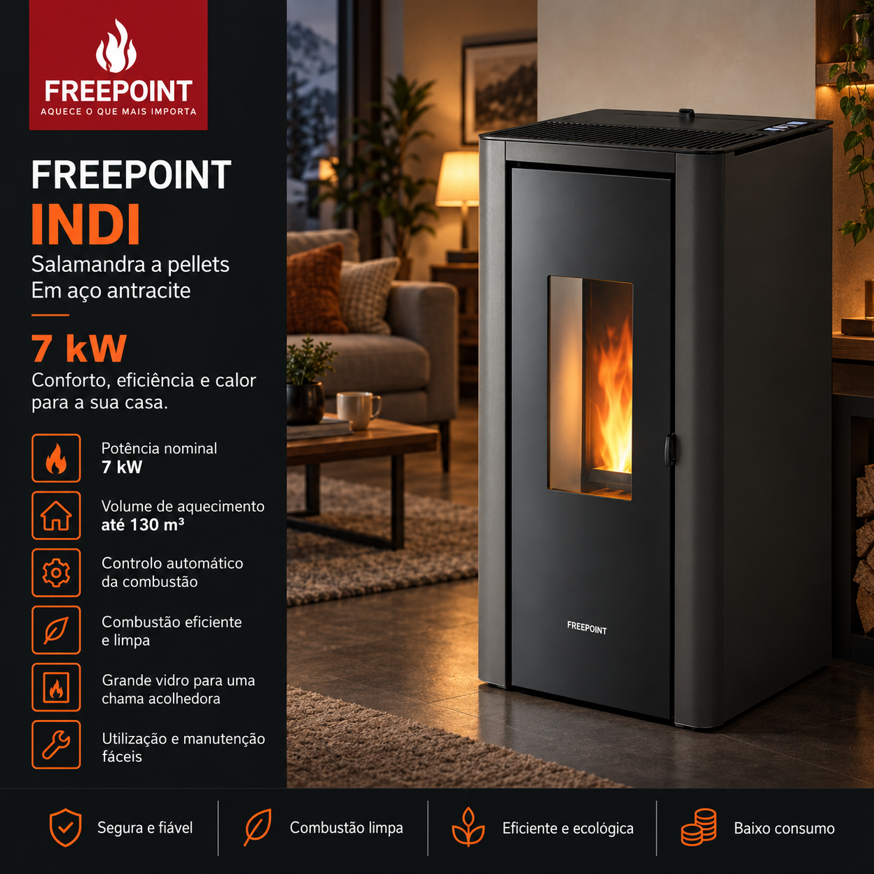 Freepoint Salamandra a pellets Indi em aço antracite 7 kW