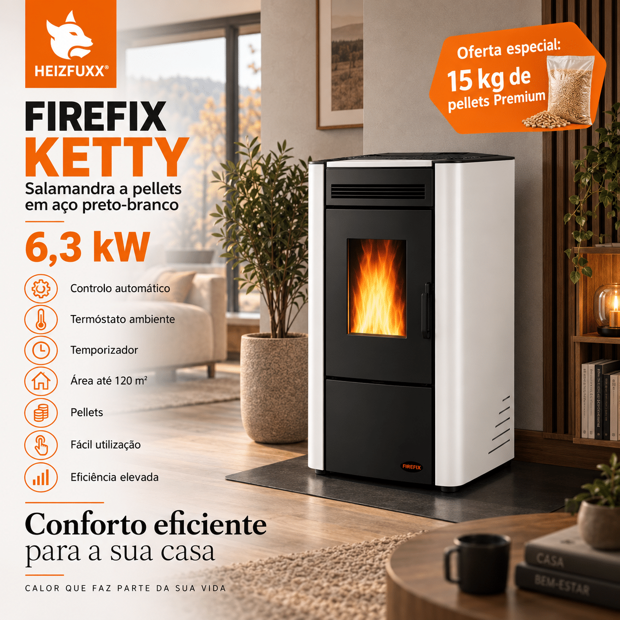 Firefix Ketty salamandra a pellets em aço preto-branco 6,3 kW