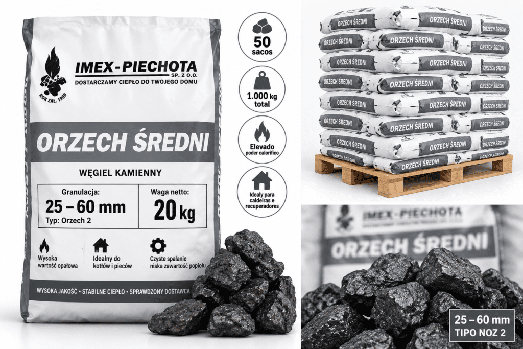 Carvão mineral 25–60 mm – 50 × 20 kg – tipo Noz 2