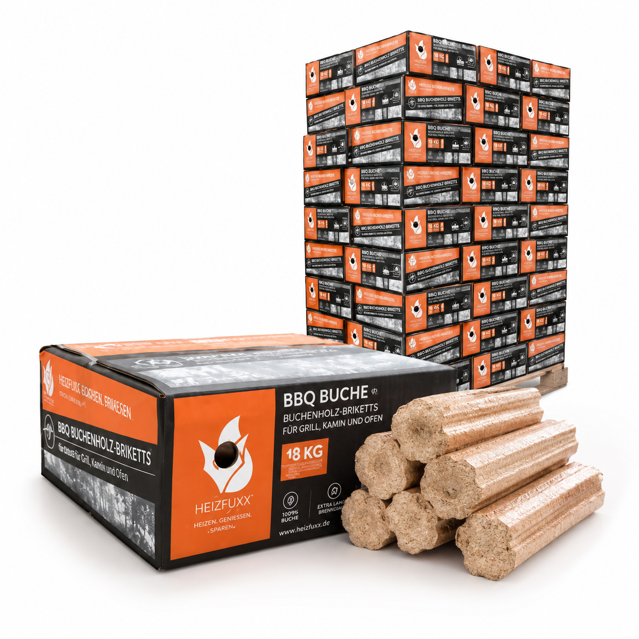 Heizfuxx BBQ briquetes de madeira de faia – 18 embalagens de 18 kg – palete 324 kg