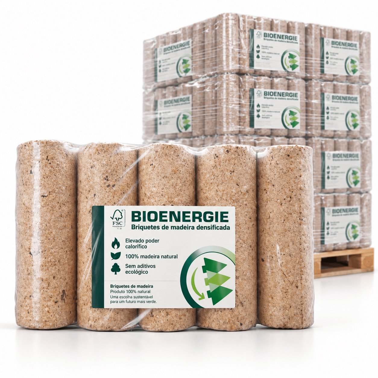 BIOENERGIE briquetes de madeira – palete 5 × 96 briquetes – elevado poder calorífico