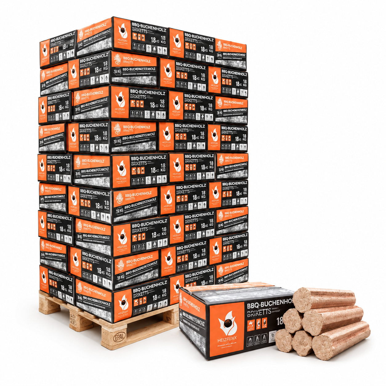 Heizfuxx BBQ briquetes de madeira de faia – 18 embalagens de 18 kg – palete 324 kg