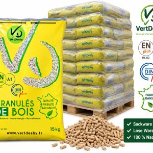 VERTDESHY pellets de madeira – saco ou a granel – 100 % madeira de coníferas – ENplus A1 & DINplus