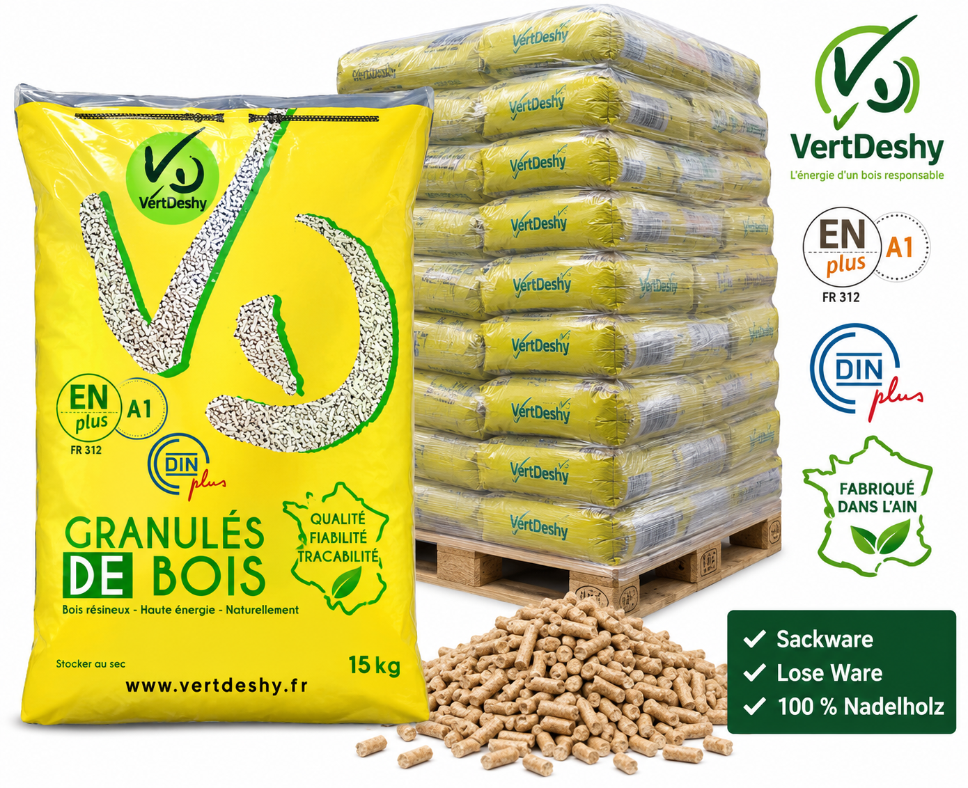 VERTDESHY pellets de madeira – saco ou a granel – 100 % madeira de coníferas – ENplus A1 & DINplus