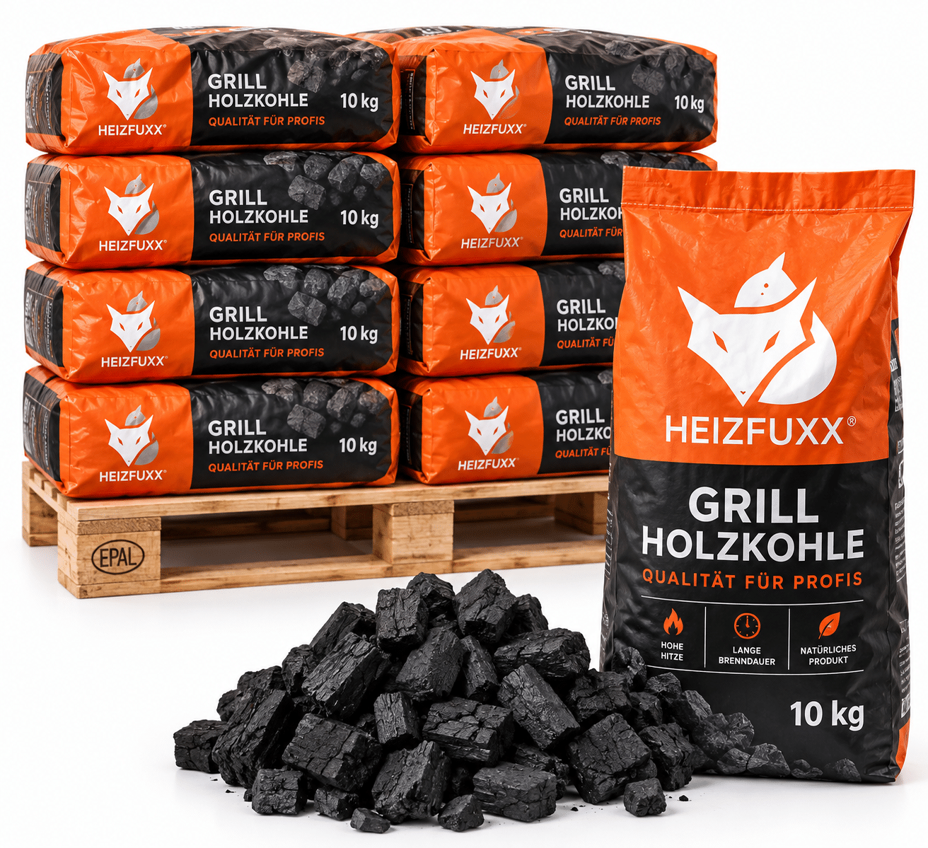 Heizfuxx carvão vegetal qualidade profissional – 12 sacos de 10 kg – palete 120 kg