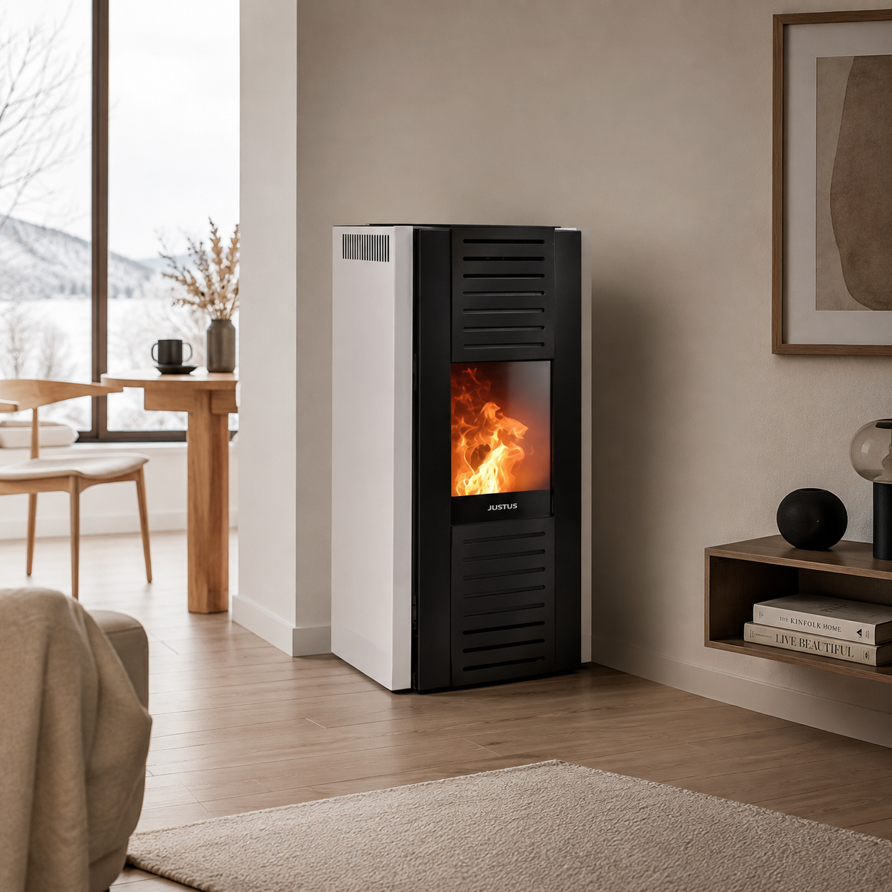 Justus Sirkos 2.0 salamandra a pellets em aço branco-seda 6 kW com controlo automático