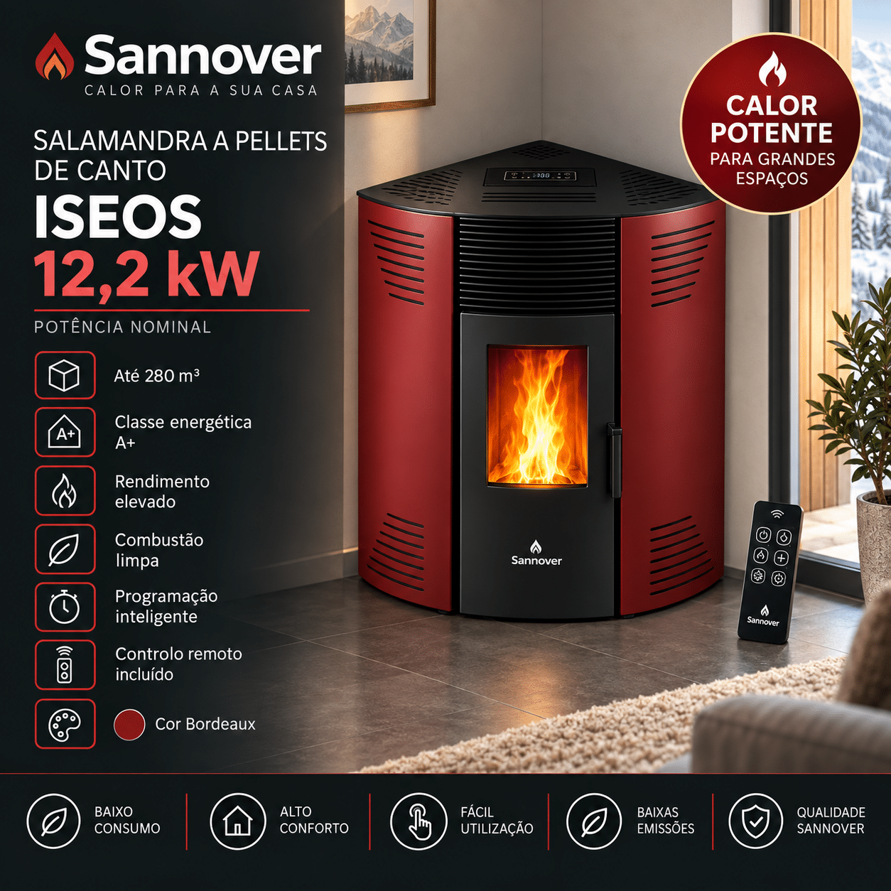 Sannover Iseos salamandra a pellets de canto 12,2 kW Bordeaux