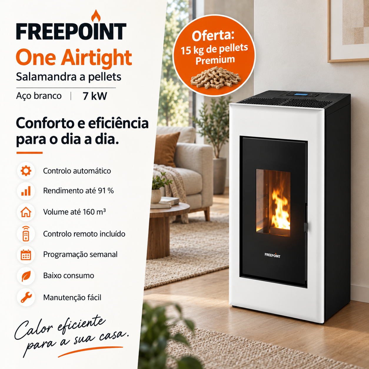 Freepoint One Airtight salamandra a pellets em aço branca 7 kW