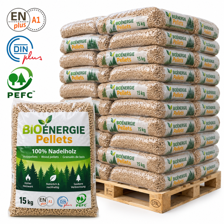 Bio Energie pellets de madeira – 66 sacos de 15 kg – palete 990 kg – 100 % madeira de coníferas – ENplus A1, DINplus & PEFC