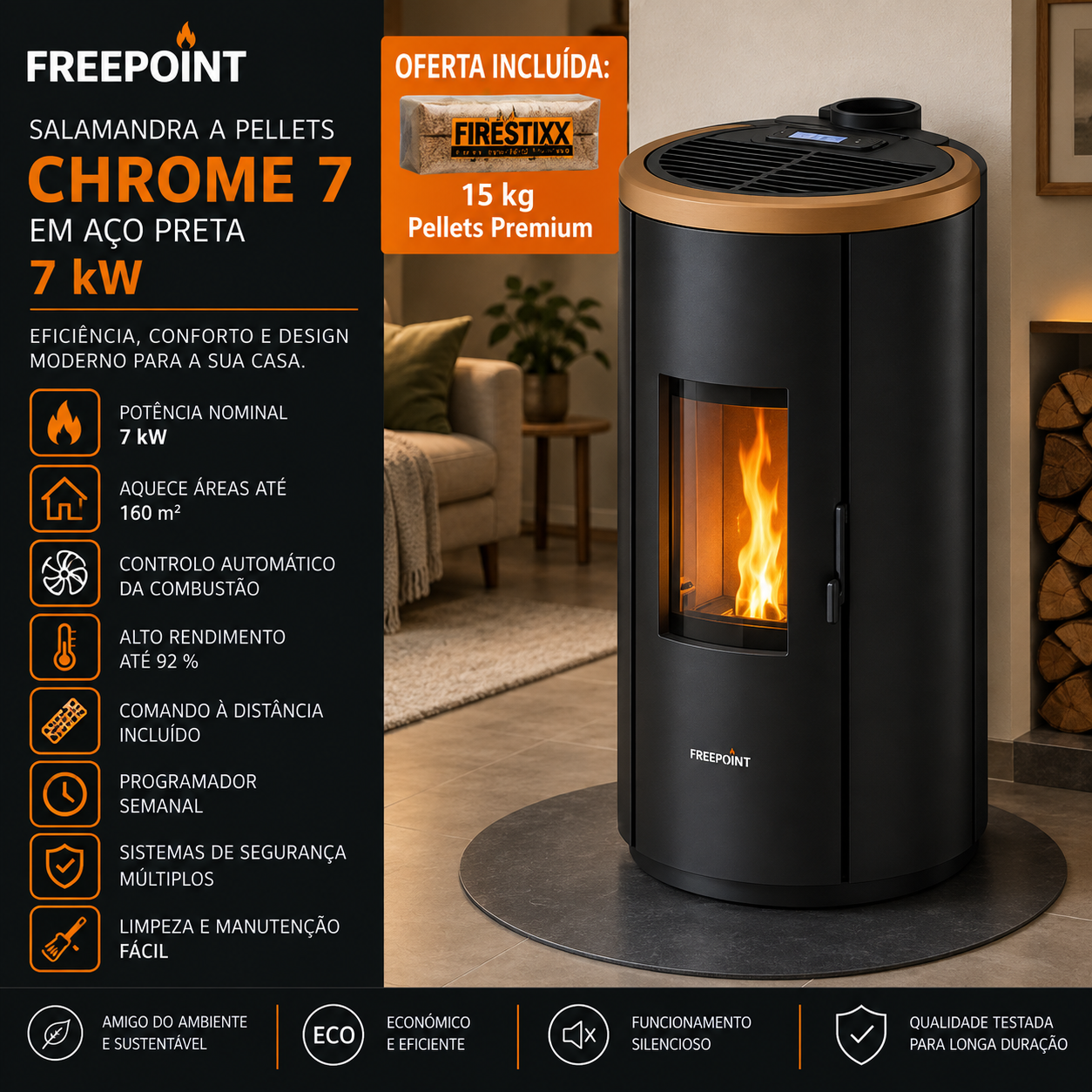Freepoint Chrome 7 salamandra a pellets em aço preta 7 kW