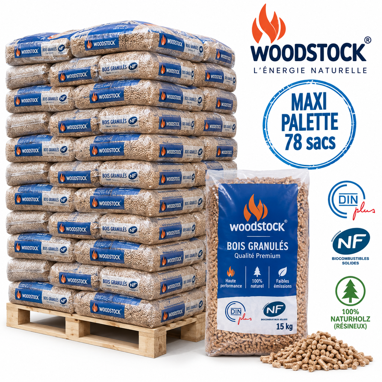 WOODSTOCK pellets de madeira – palete de 78 sacos – 100 % madeira de coníferas – DINplus & NF