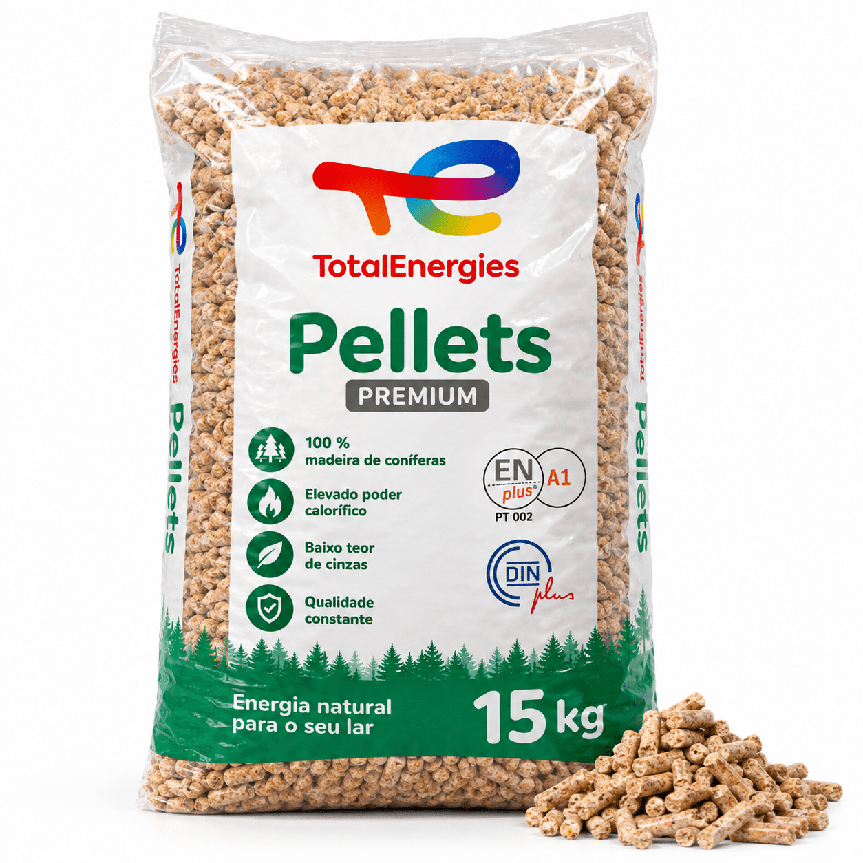 TotalEnergies pellets de madeira – saco de 15 kg – 100 % madeira de coníferas – ENplus A1