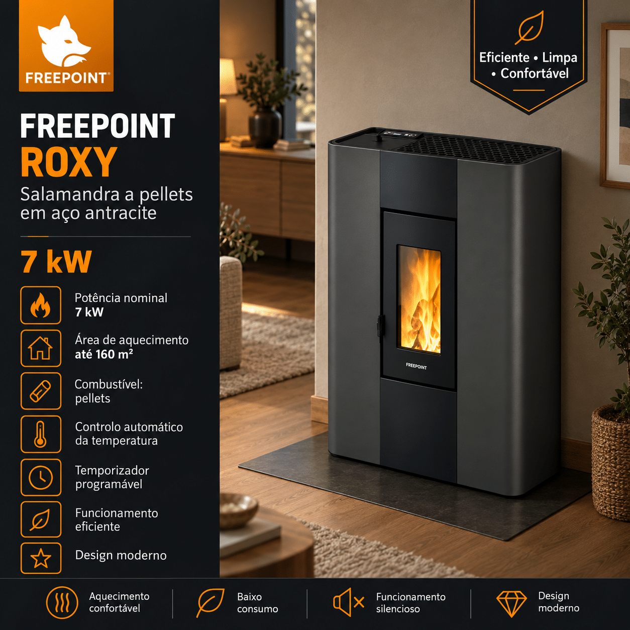 Freepoint Roxy salamandra a pellets em aço antracite 7 kW
