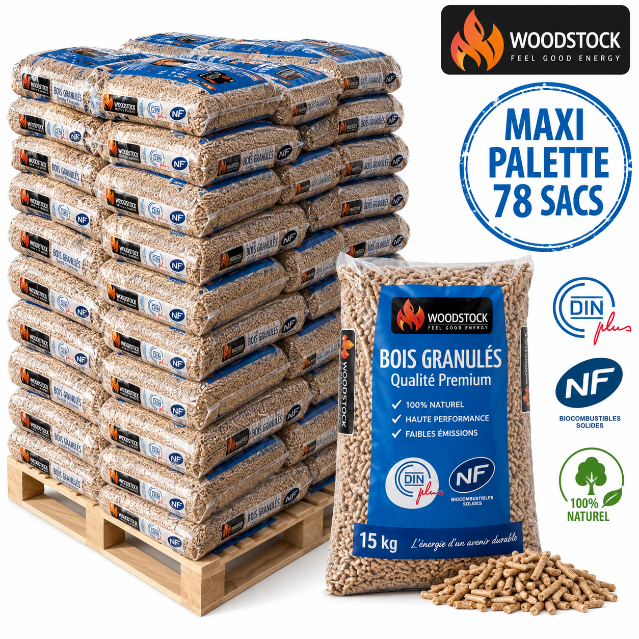 WOODSTOCK pellets de madeira – palete de 78 sacos – 100 % madeira de coníferas – DINplus & NF