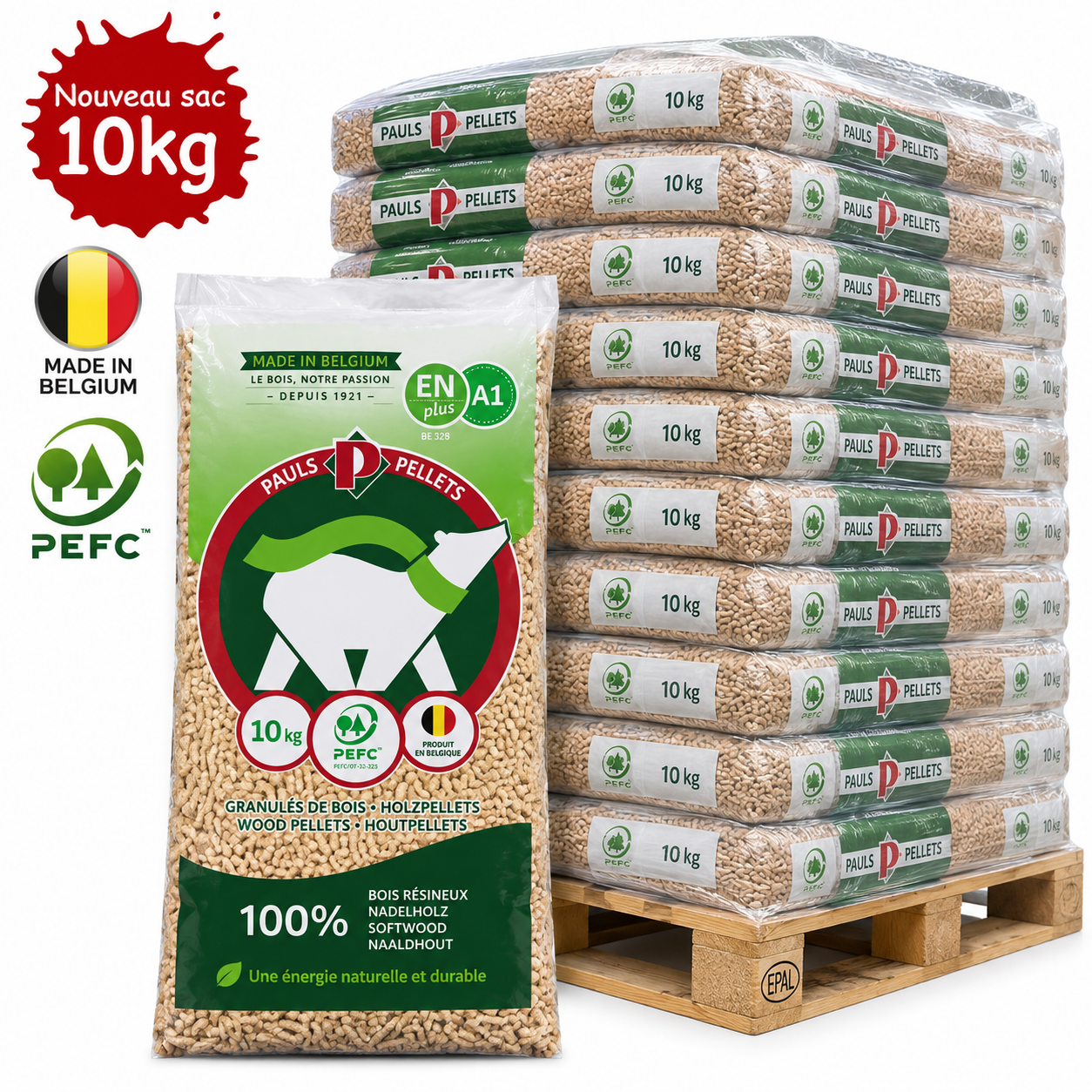 PAULS pellets de madeira – 104 sacos de 10 kg – palete 1.040 kg – 100 % madeira de coníferas – PEFC