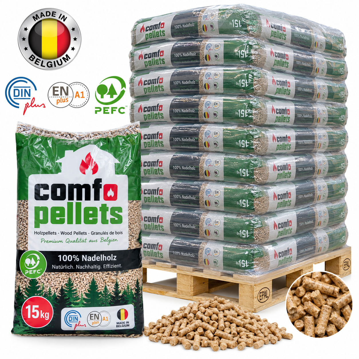 Comfo pellets de madeira – 65 sacos de 15 kg – palete 975 kg – 100 % madeira de coníferas – ENplus A1, DINplus & PEFC