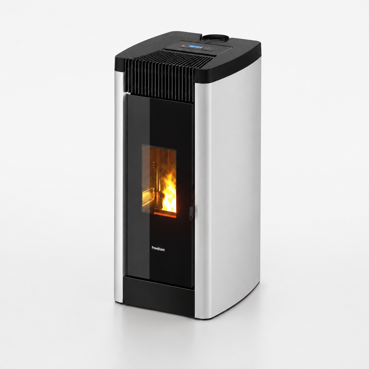 Freepoint Duke salamandra a pellets em aço prateada 14 kW com controlo automático