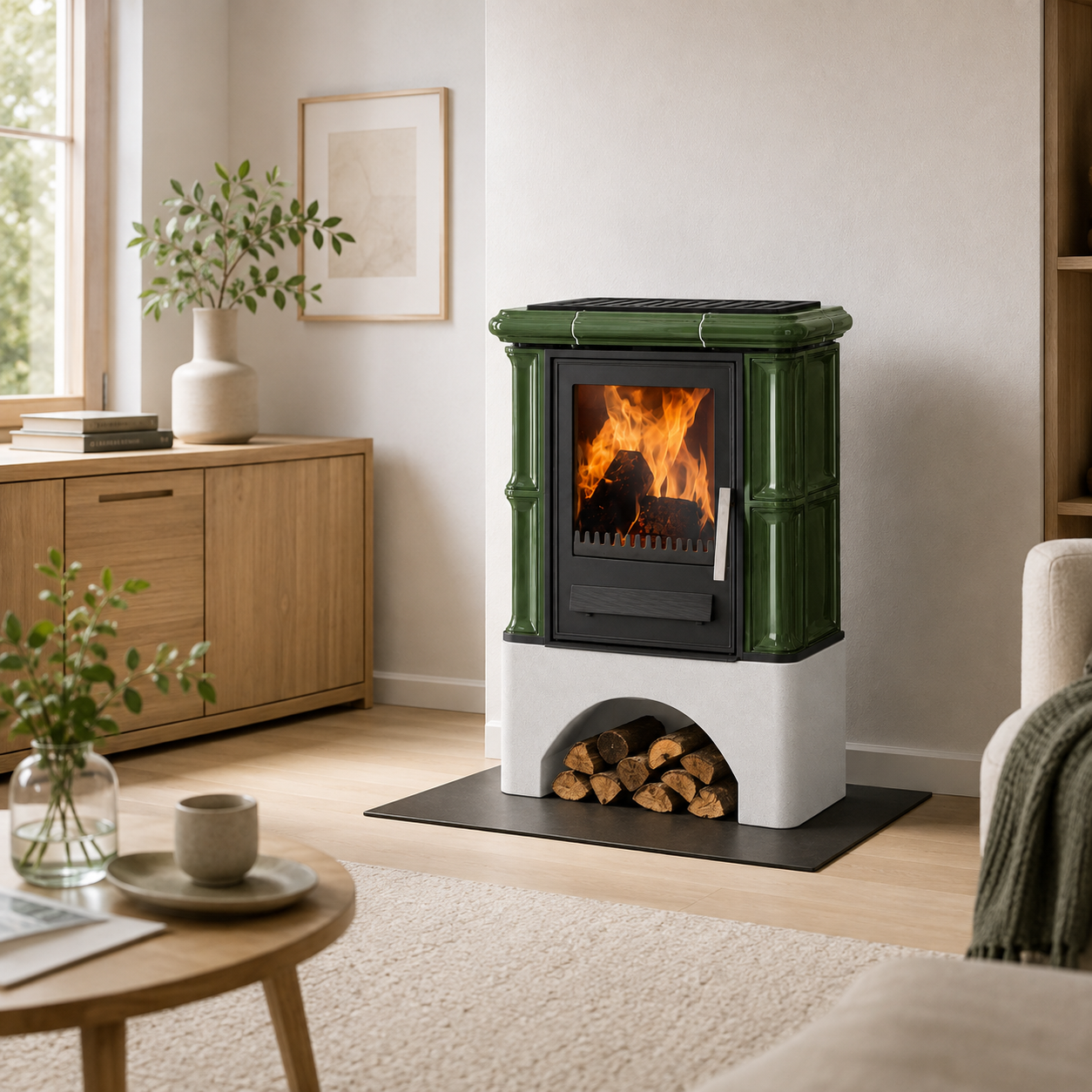 Justus Bavaria salamandra a lenha em cerâmica verde 7 kW