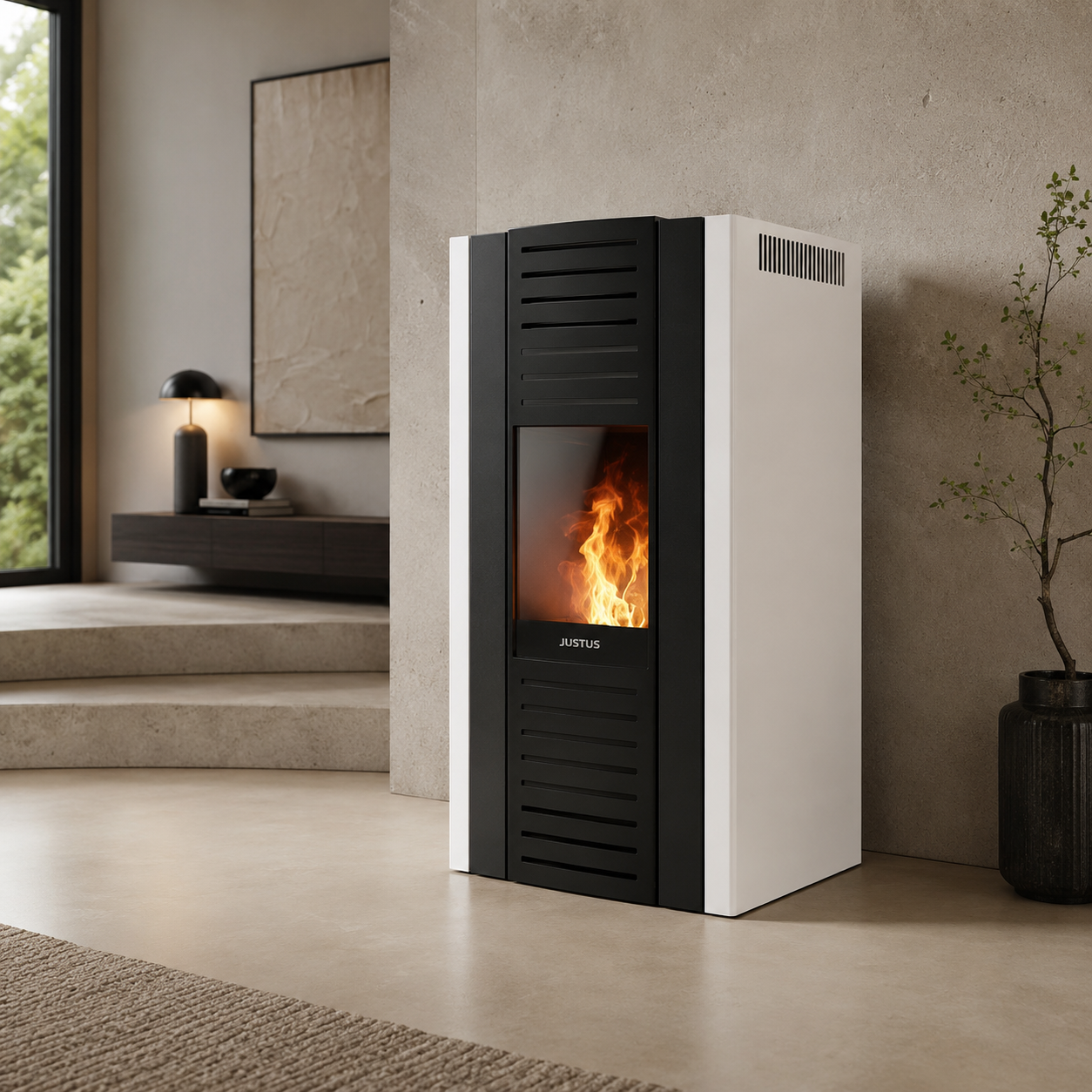 Justus Sirkos 2.0 salamandra a pellets em aço branco-seda 6 kW com controlo automático