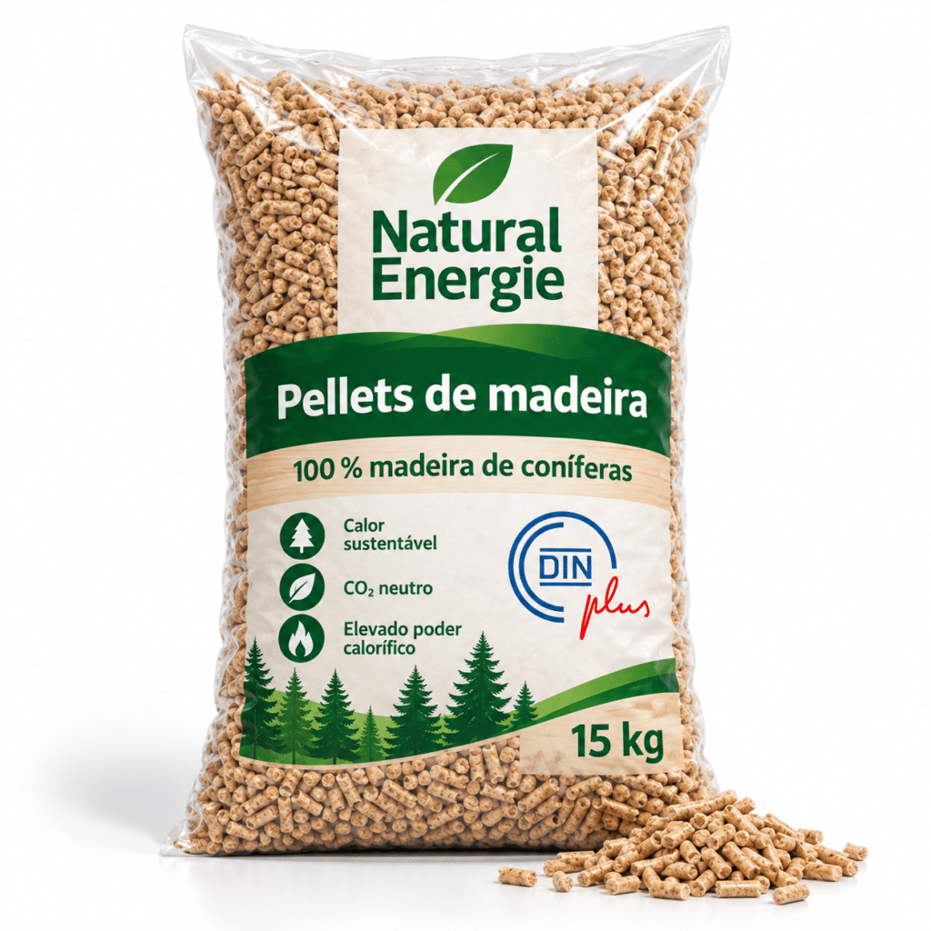 Natural Energie pellets de madeira – 70 sacos de 15 kg – palete 1.050 kg – 100 % madeira de coníferas – DINplus