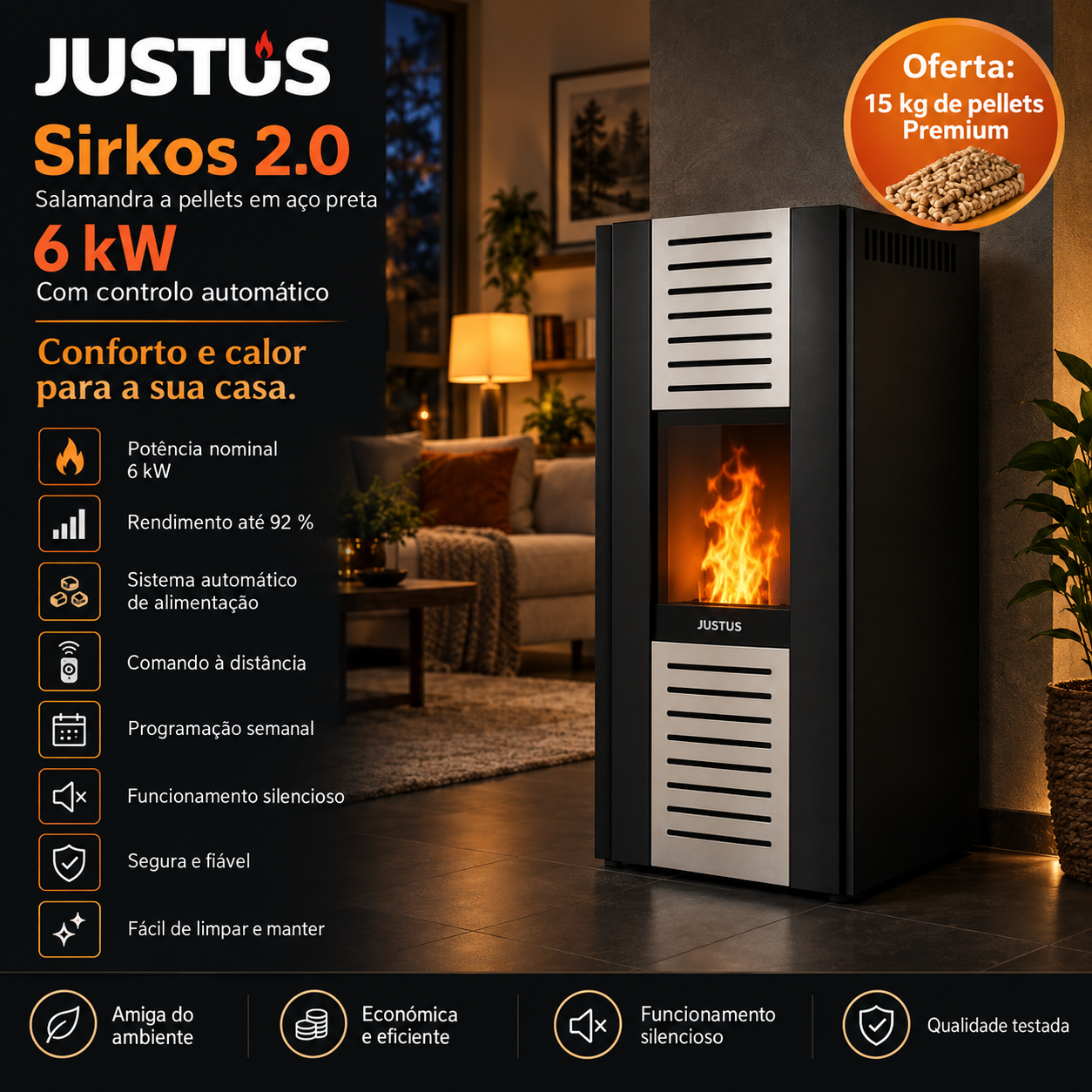 Justus Sirkos 2.0 salamandra a pellets em aço preta 6 kW com controlo automático
