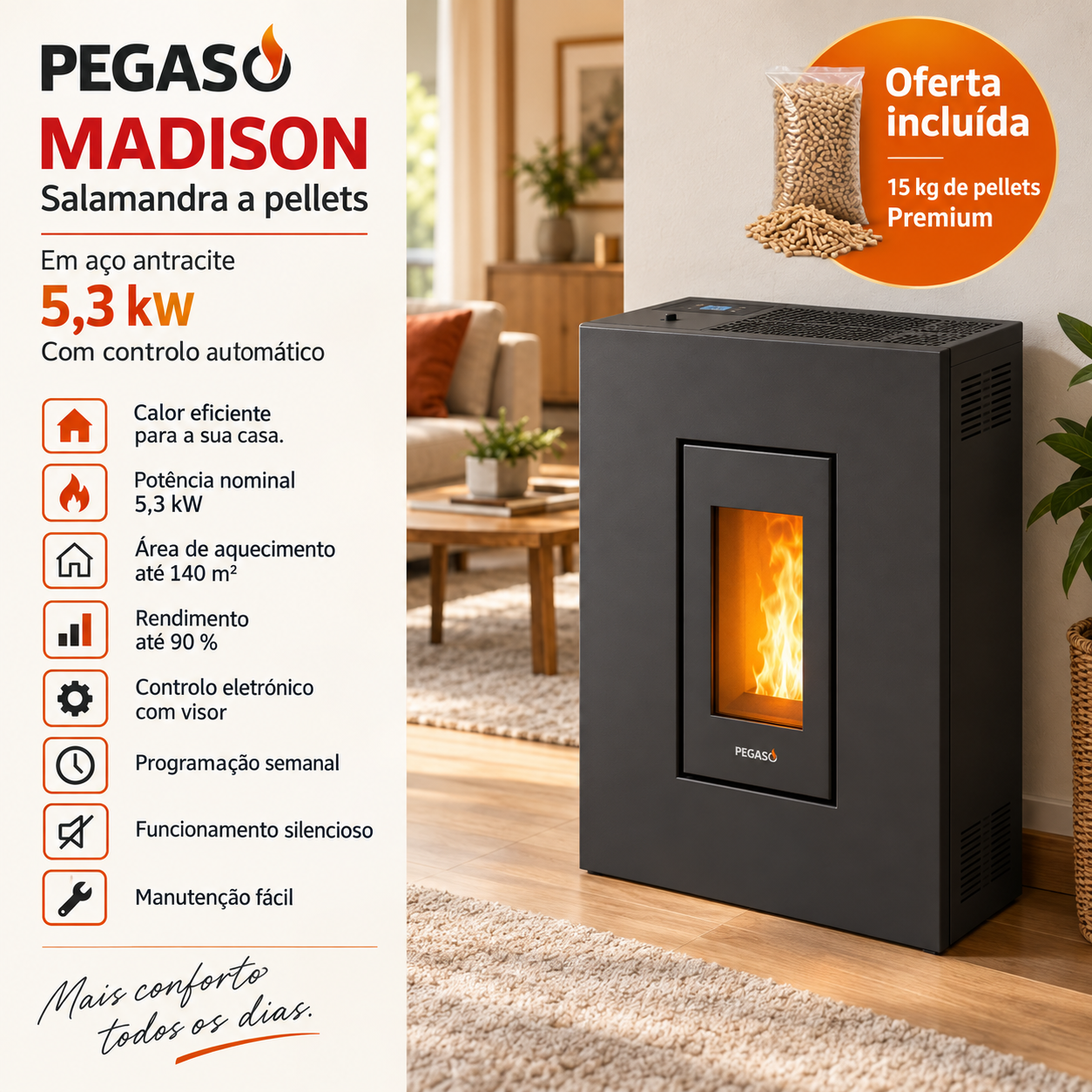 PEGASO Madison salamandra a pellets em aço antracite 5,3 kW com controlo automático