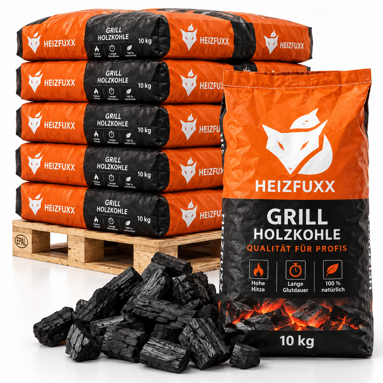 Heizfuxx carvão vegetal qualidade profissional – 12 sacos de 10 kg – palete 120 kg