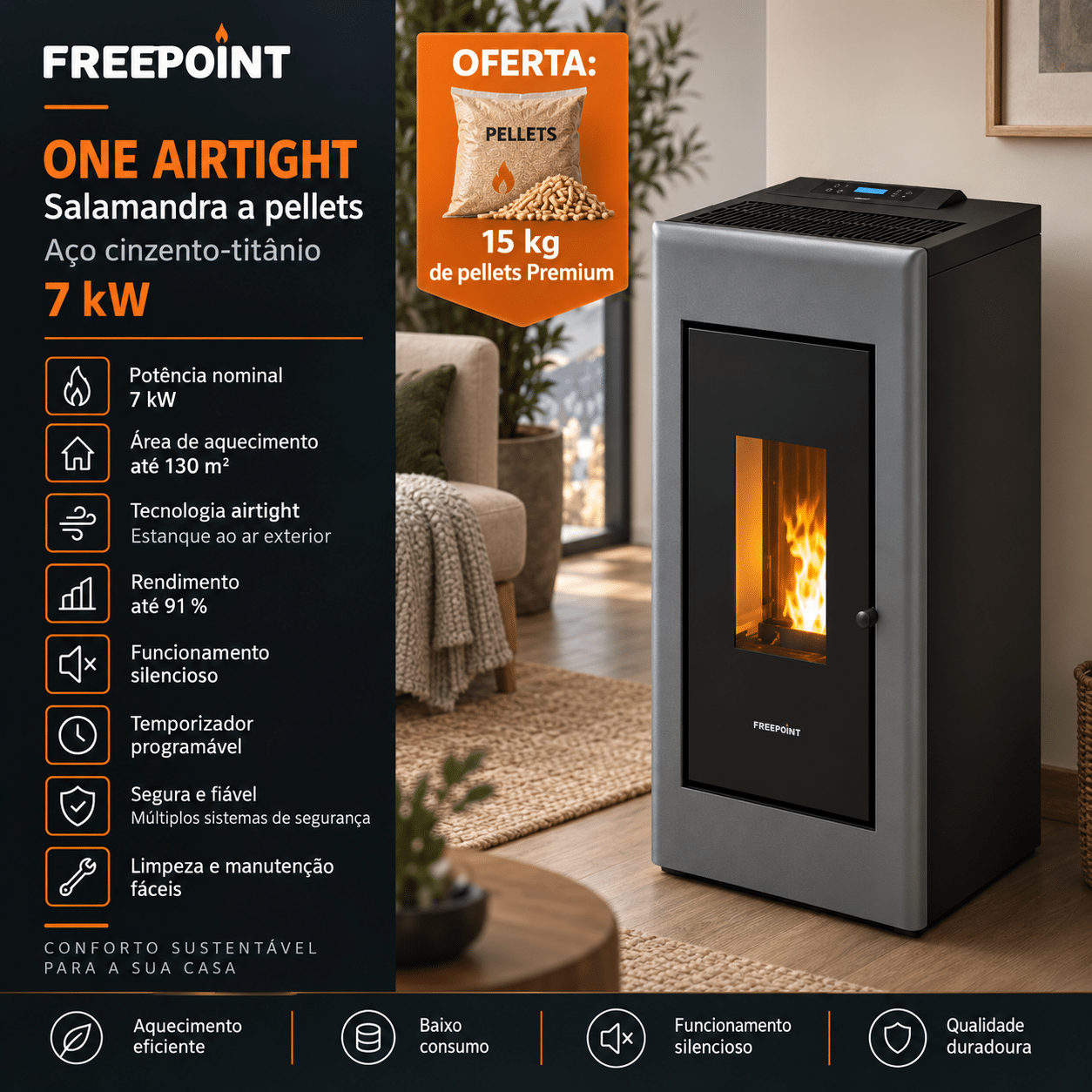 Freepoint One Airtight salamandra a pellets em aço cinzento-titânio 7 kW