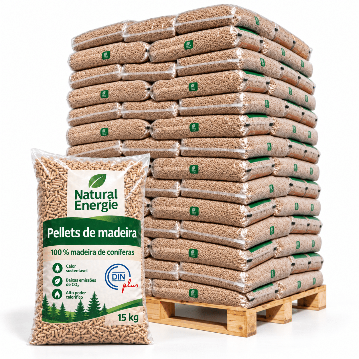 Natural Energie pellets de madeira – 70 sacos de 15 kg – palete 1.050 kg – 100 % madeira de coníferas – DINplus