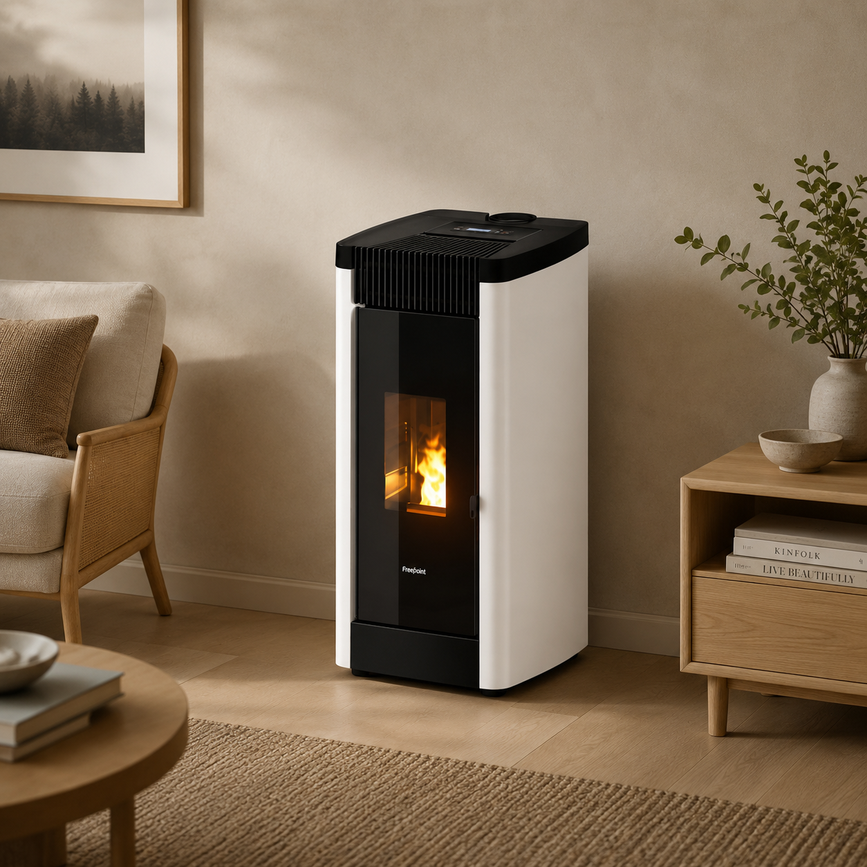 Freepoint STEE salamandra a pellets em aço branca 8,5 kW com controlo automático