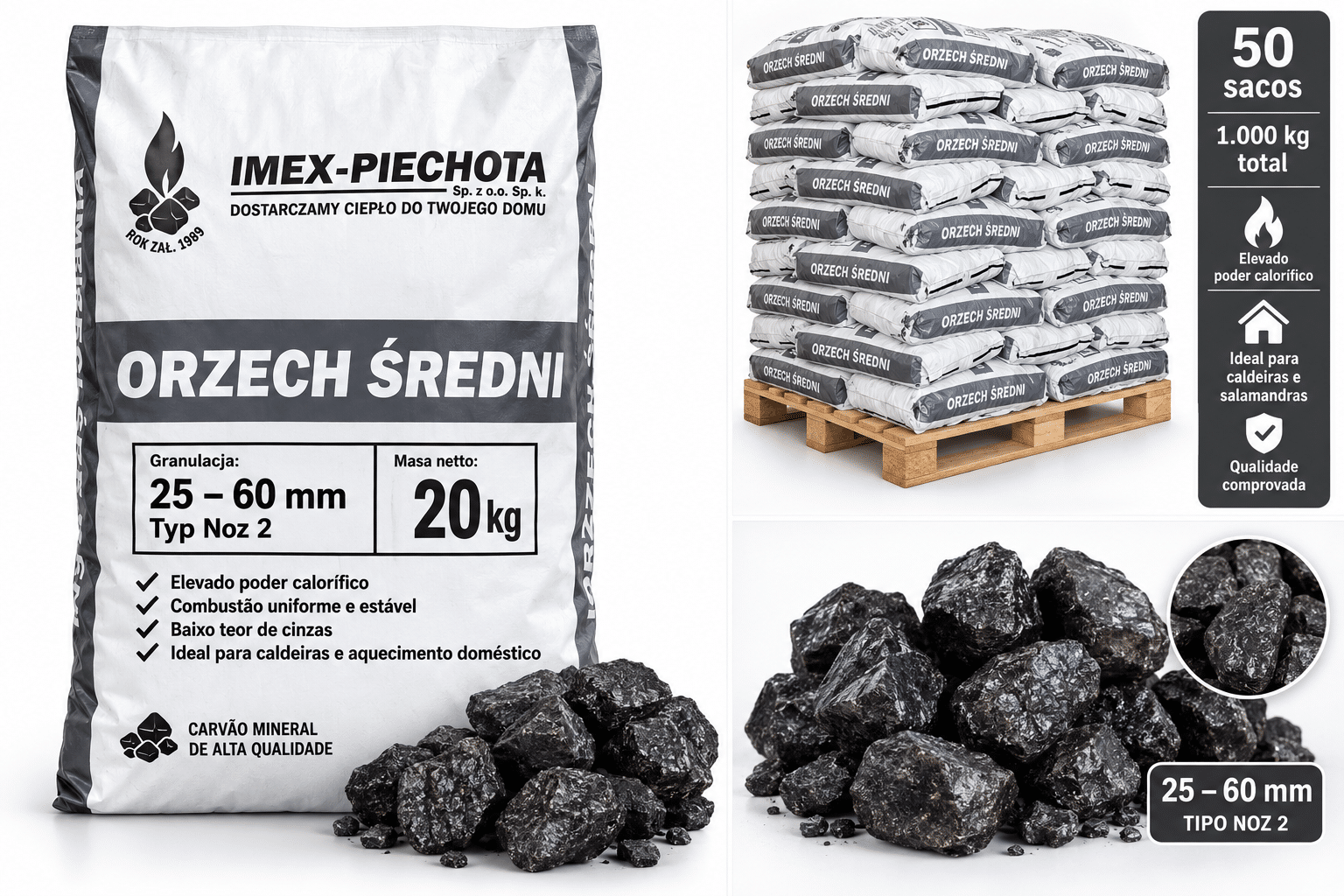 Carvão mineral 25–60 mm – 50 × 20 kg – tipo Noz 2