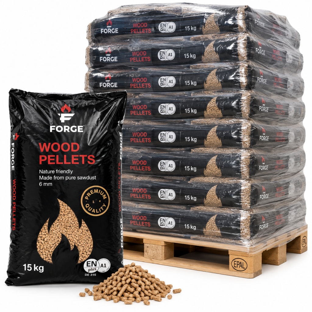 Forge Premium pellets de madeira – 84 sacos de 15 kg – palete 1.260 kg – 100 % madeira de coníferas – ENplus A1