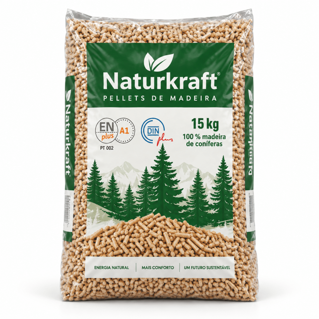 Naturkraft pellets de madeira – 66 sacos de 15 kg – palete 990 kg – 100 % madeira de coníferas – ENplus A1 & DINplus
