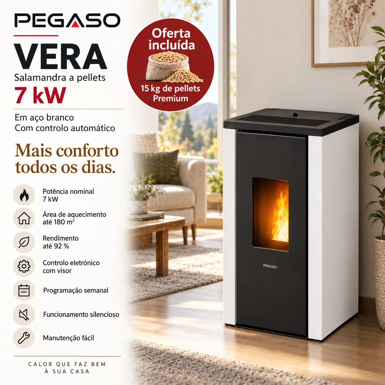 PEGASO Salamandra a pellets Vera em aço branco 7 kW com controlo automático