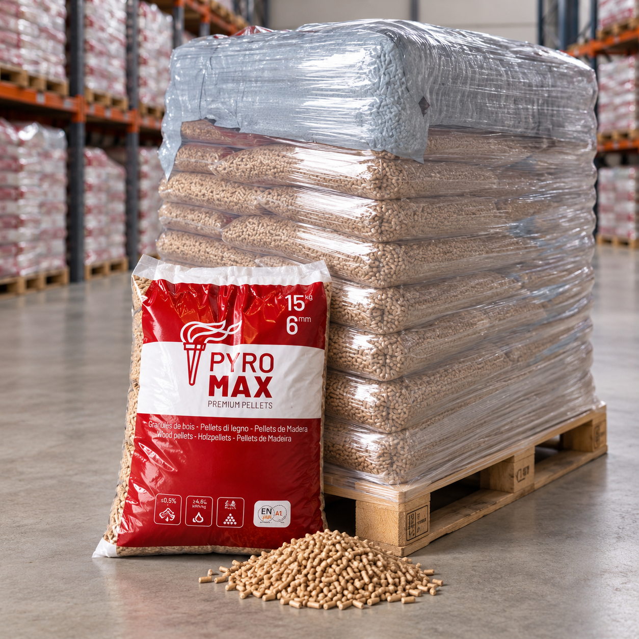 PYRO MAX pellets de madeira – 78 sacos de 15 kg – palete 1.170 kg – 100 % madeira de coníferas – ENplus A1