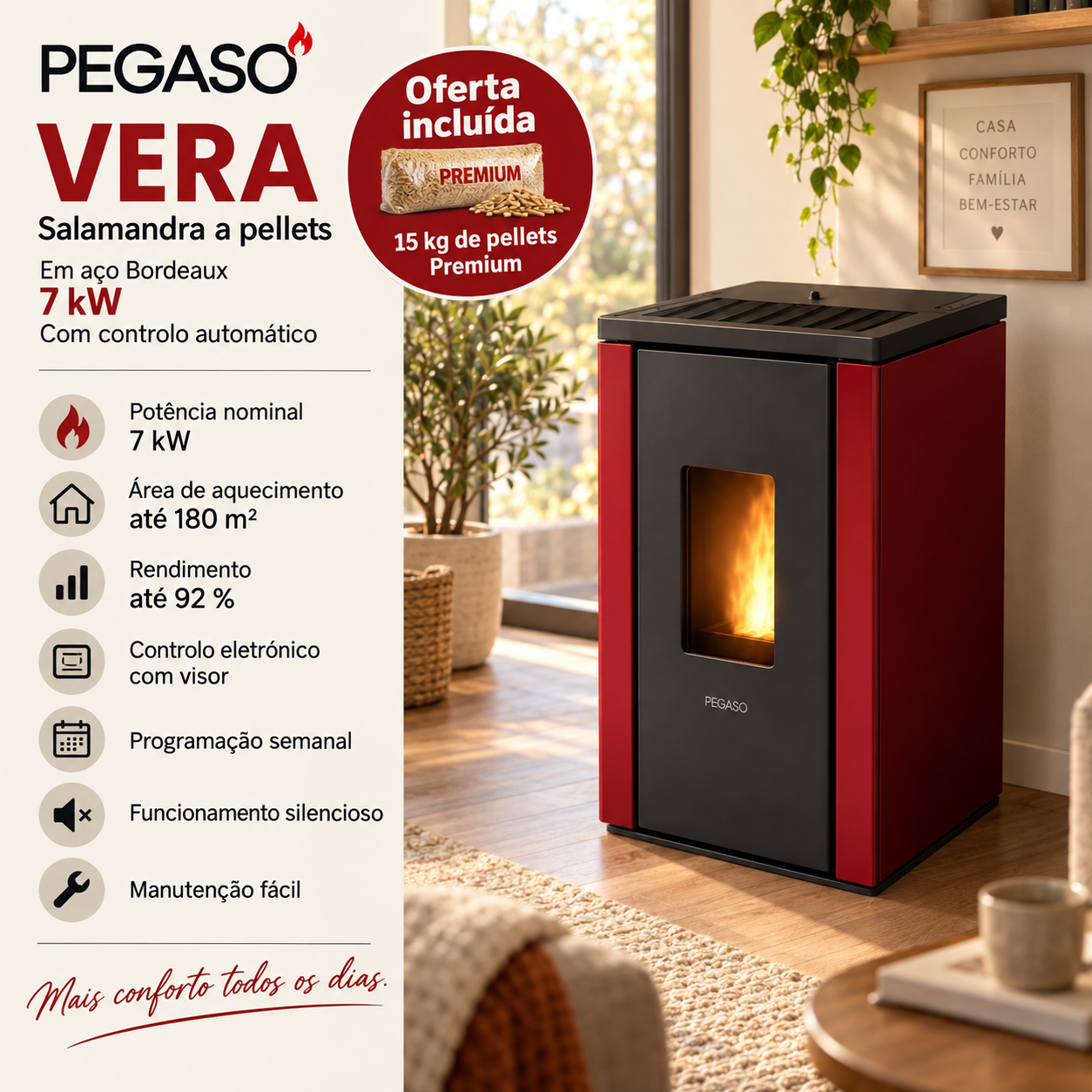 PEGASO Vera salamandra a pellets em aço Bordeaux 7 kW com controlo automático