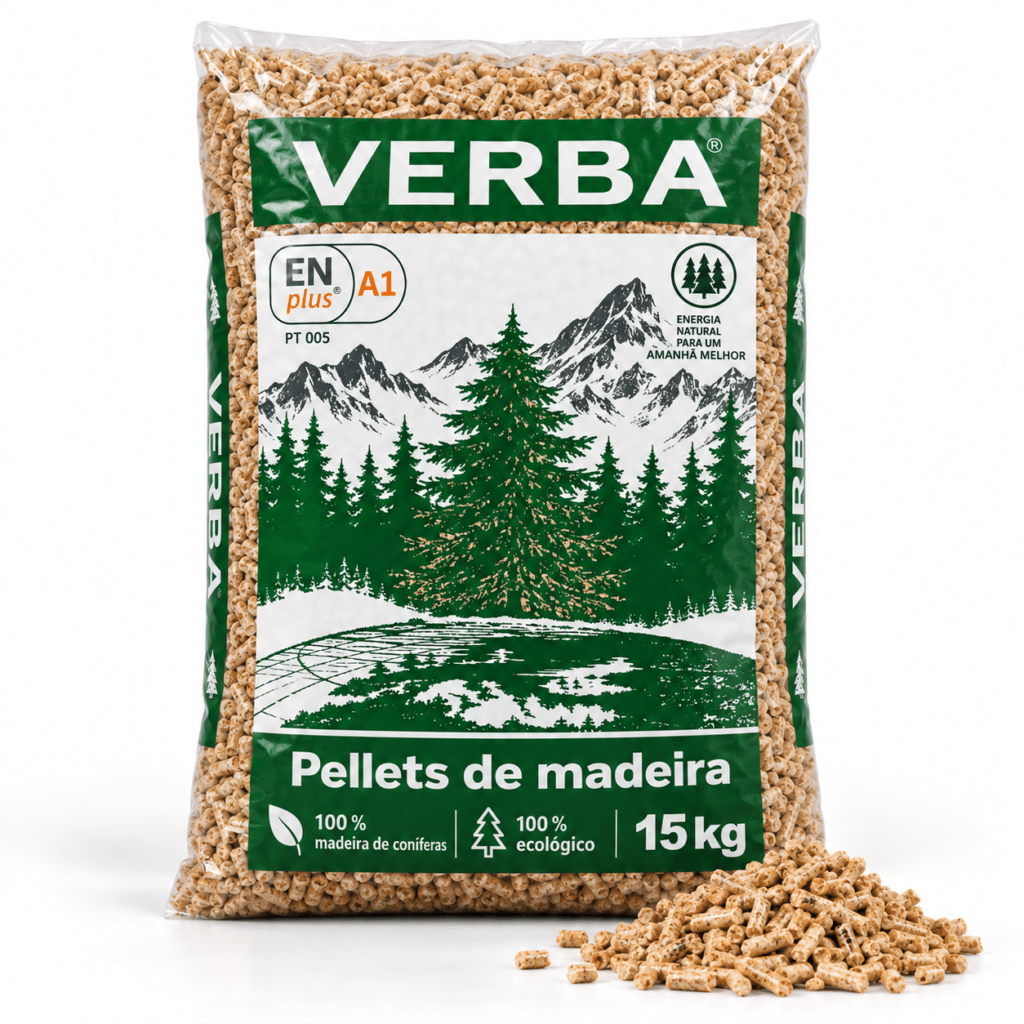 Verba pellets de madeira – 70 sacos de 15 kg – palete 1.050 kg – 100 % madeira de coníferas – ENplus A1