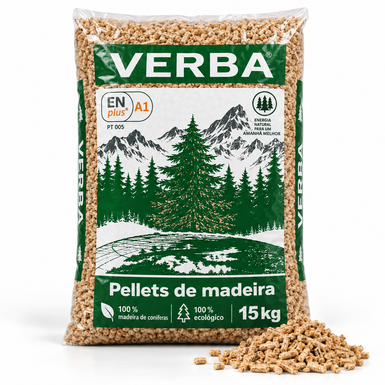 Verba pellets de madeira – 70 sacos de 15 kg – palete 1.050 kg – 100 % madeira de coníferas – ENplus A1
