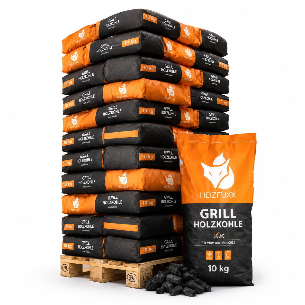 Heizfuxx carvão vegetal qualidade profissional – 36 sacos de 10 kg – palete 360 kg