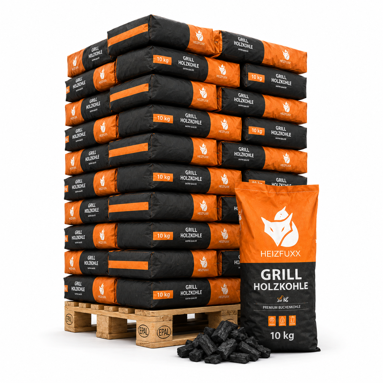 Heizfuxx carvão vegetal qualidade profissional – 36 sacos de 10 kg – palete 360 kg